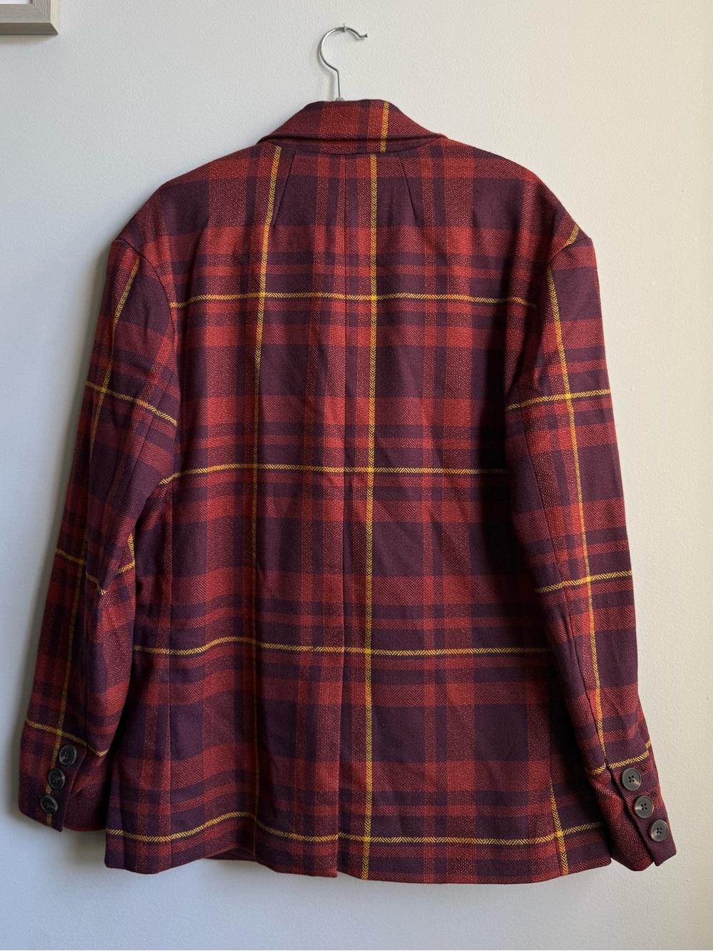 Free People Blazer Double Breasted Burgundy Plaid Jacket Oversized Relaxed Fit S - Picture 9 of 12
